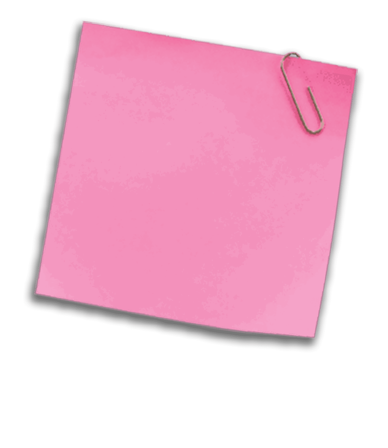 A pink sticky note with a silver paperclip attached to the top right corner on a white background. Description generated by AI