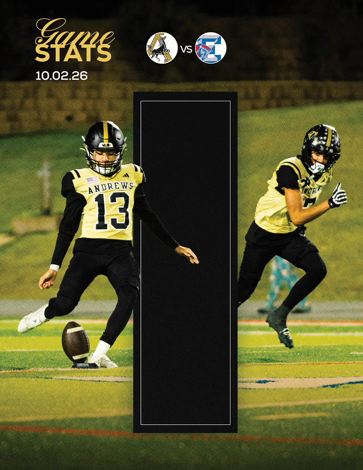 Two people in football uniforms are on a field with one person kicking a football and the other running, with a scoreboard graphic and team logos above them. Description generated by AI