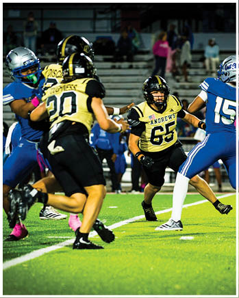 Two people in football uniforms are engaged in a play on a field with one wearing a yellow jersey and the other in a blue jersey with the number 15. Description generated by AI
