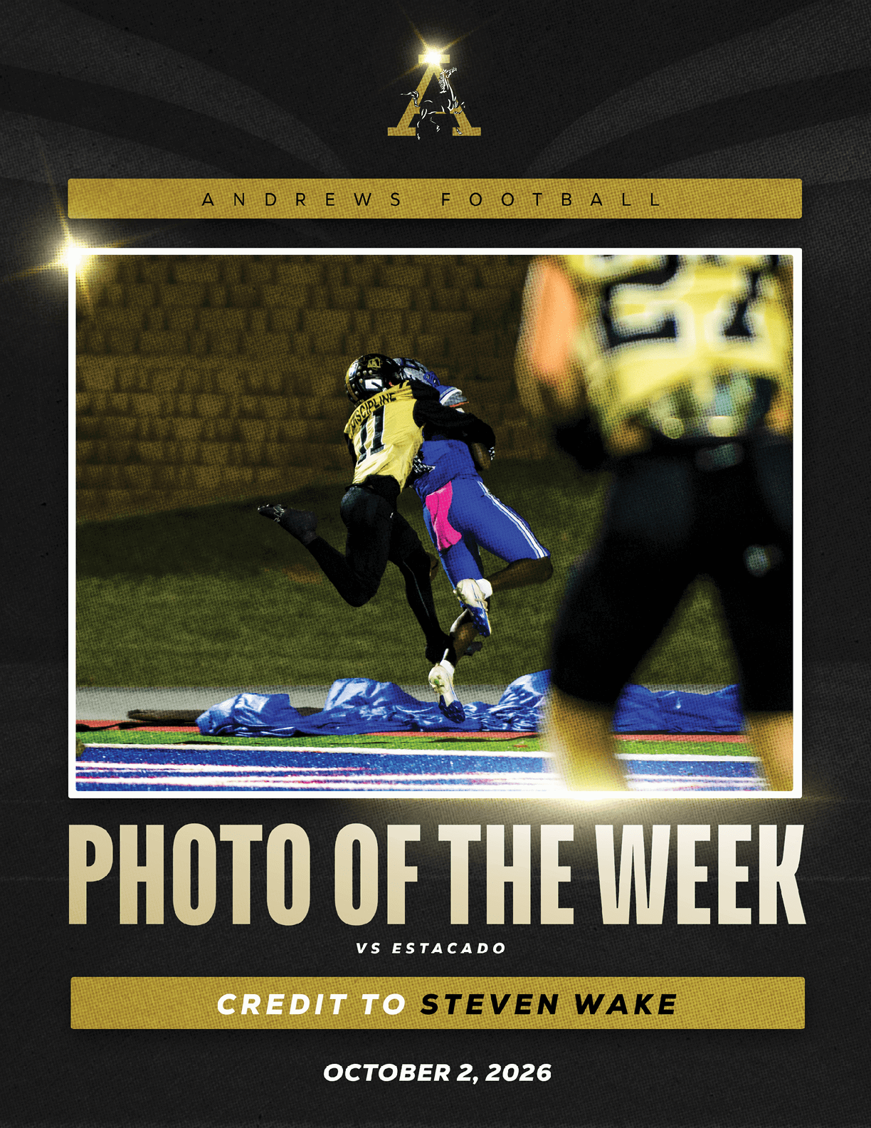 Two people in football uniforms are mid-air during a tackle on a field with another player standing in the foreground, framed by a graphic design highlighting “Photo of the Week" for Andrews Football. Description generated by AI