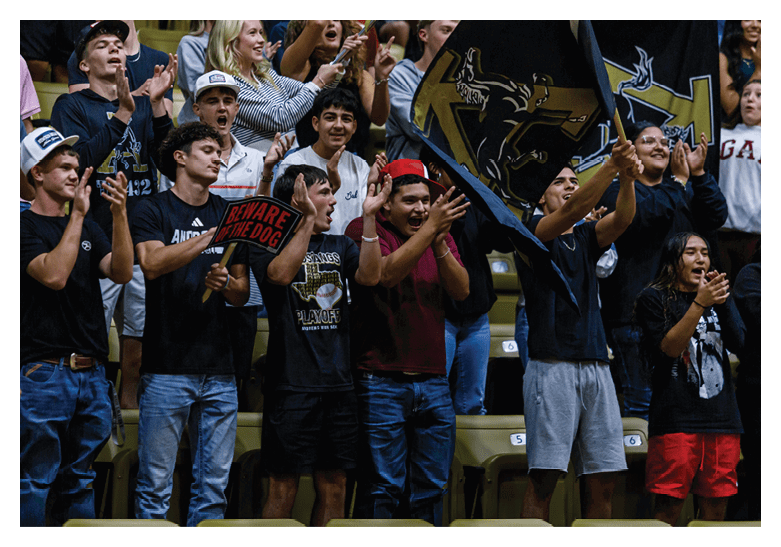 A group of people enthusiastically cheering and holding signs and flags in a stadium setting. Description generated by AI