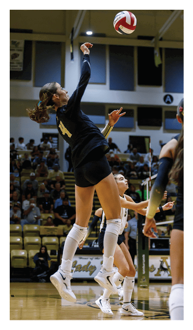 A person wearing a black sports uniform with the number 14 is jumping to hit a volleyball in an indoor gymnasium while other players and spectators watch. Description generated by AI