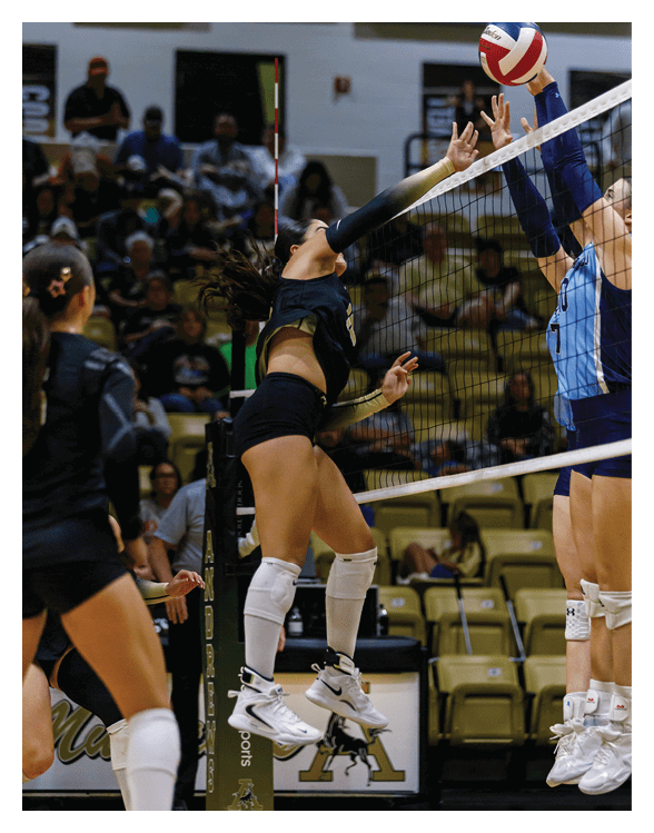 A person with long hair wearing a dark sports jersey is jumping and reaching up to hit a volleyball over the net in an indoor gym with spectators in the background. Description generated by AI
