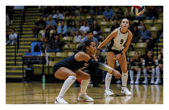 Two people in athletic uniforms are playing volleyball indoors with one person crouching to hit the ball and the other standing behind watching. Description generated by AI