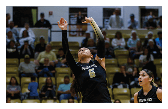 A person wearing a black sports jersey with the word Mustangs and number 6 is reaching up to hit a volleyball while another person watches attentively in an indoor gymnasium with spectators in the background. Description generated by AI