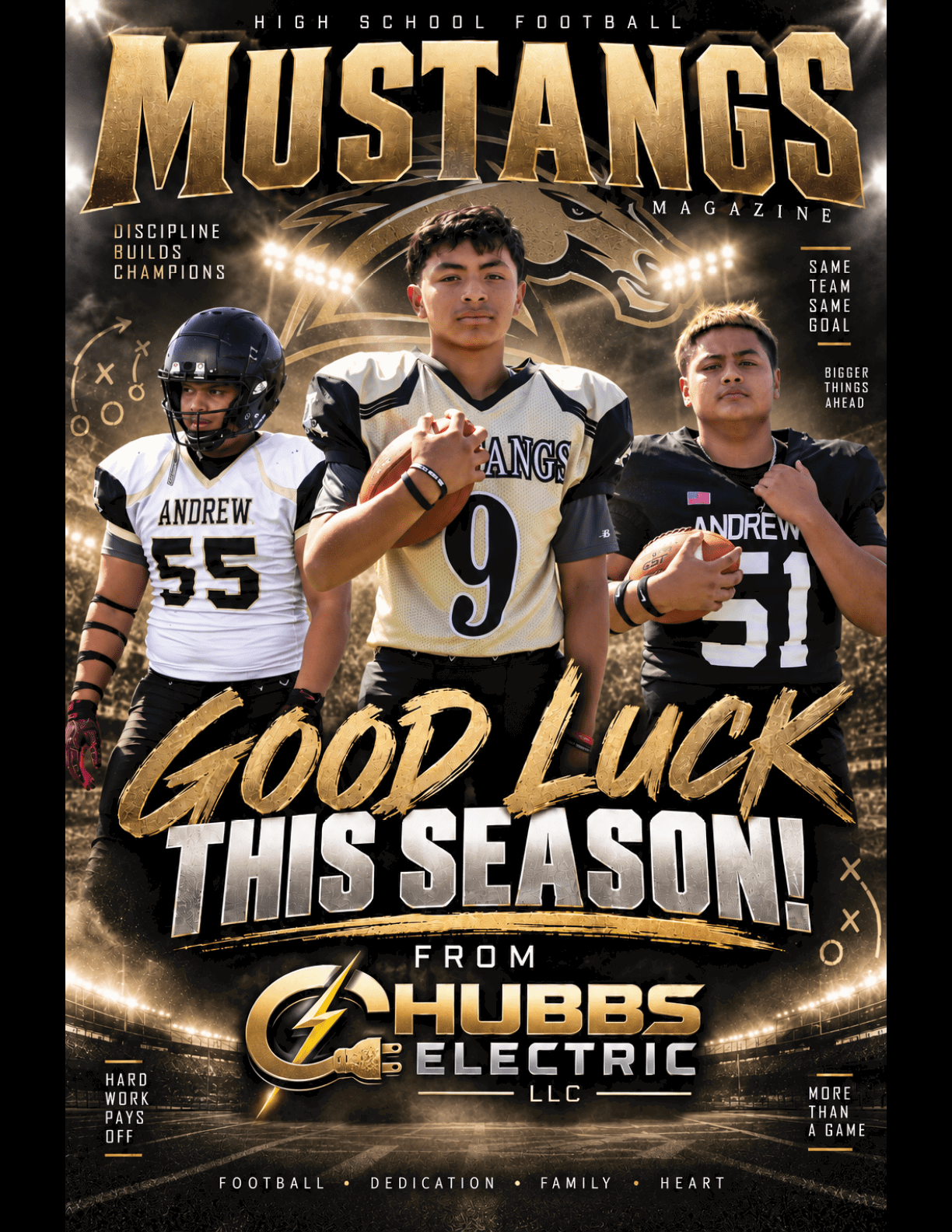 Three adults in football uniforms stand confidently on a high school football magazine cover with bold text wishing good luck for the season and a sponsor logo at the bottom. Description generated by AI