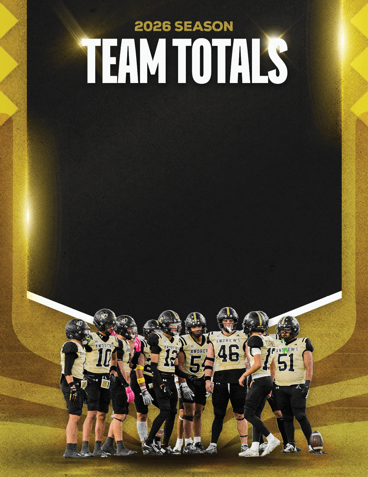 A group of adults in football uniforms stand together on a field under a graphic header that reads 2026 season team totals. Description generated by AI