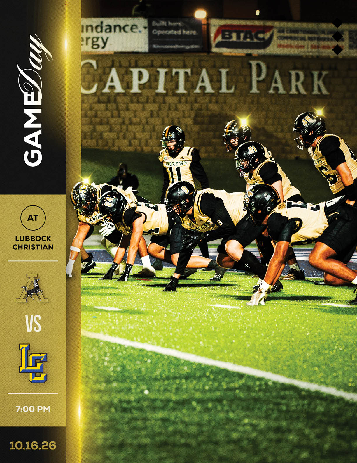 A group of people in football uniforms are lined up on a field preparing for a play with a scoreboard showing a game between Lubbock Christian and another team at Capital Park. Description generated by AI