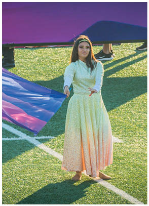 A person wearing a long, light-colored dress is holding a large flag with purple and blue hues on a grassy field marked with white lines. Description generated by AI