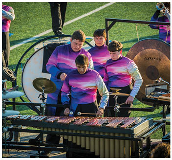 People wearing matching purple and pink gradient shirts are playing percussion instruments outdoors on a grassy field. Description generated by AI