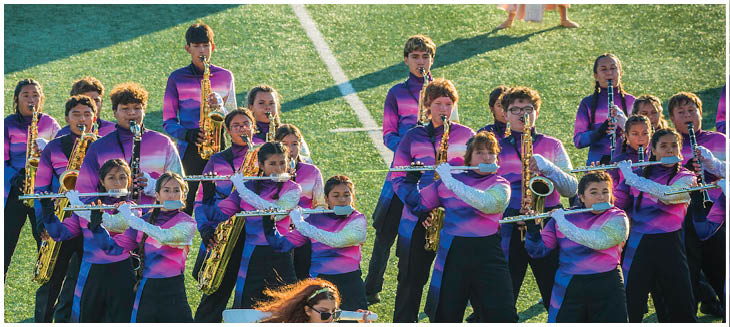 Adults in gradient dresses hold orange flags on a sports field while people in purple uniforms play instruments below them. Description generated by AI