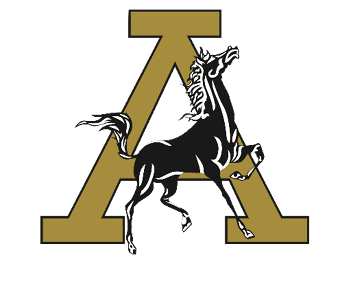 A stylized black horse rearing up is positioned in front of a large gold letter A. Description generated by AI