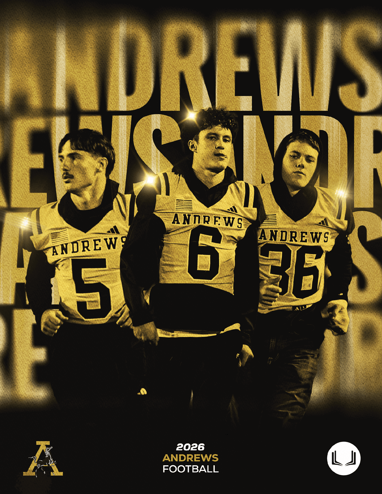 Three adults wearing football jerseys with the name Andrews and numbers 5, 6, and 36 stand together holding lit candles against a background with large blurred text and a logo at the bottom. Description generated by AI