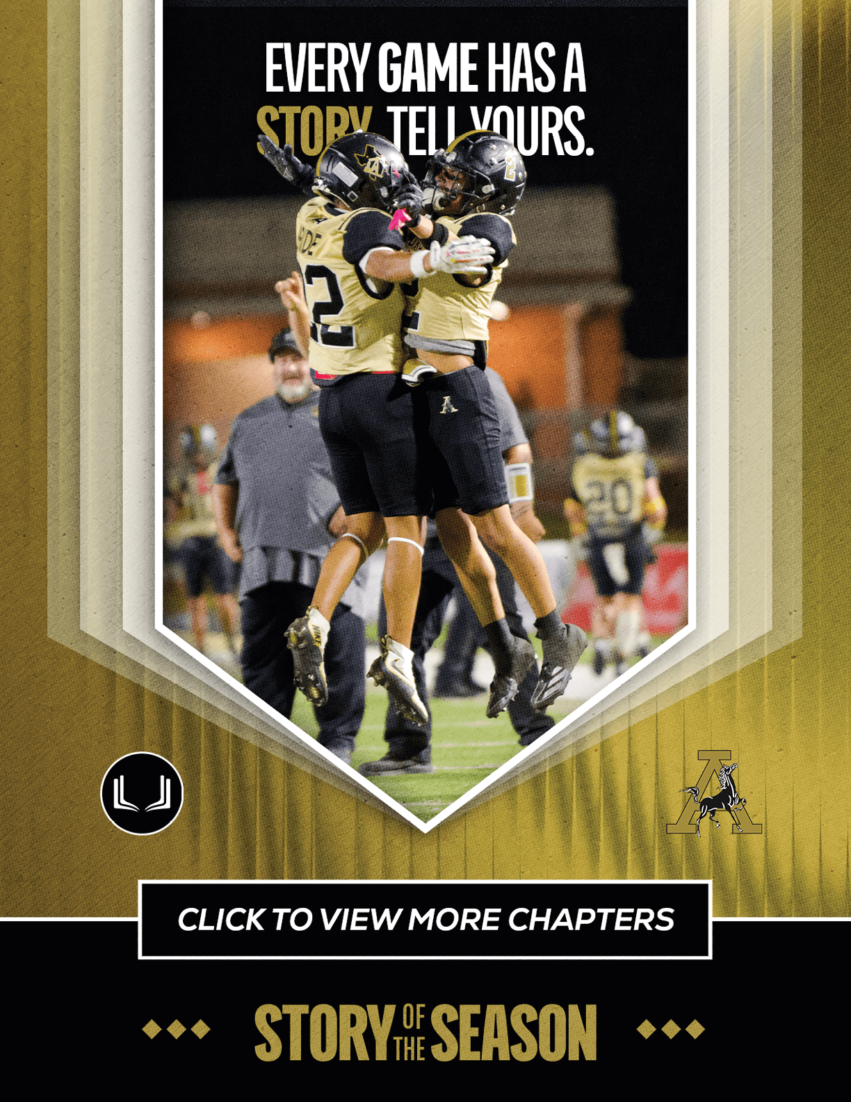 Two football players in black and gold uniforms jump and celebrate on a field with a blurred crowd and coach in the background, accompanied by text about storytelling in sports. Description generated by AI
