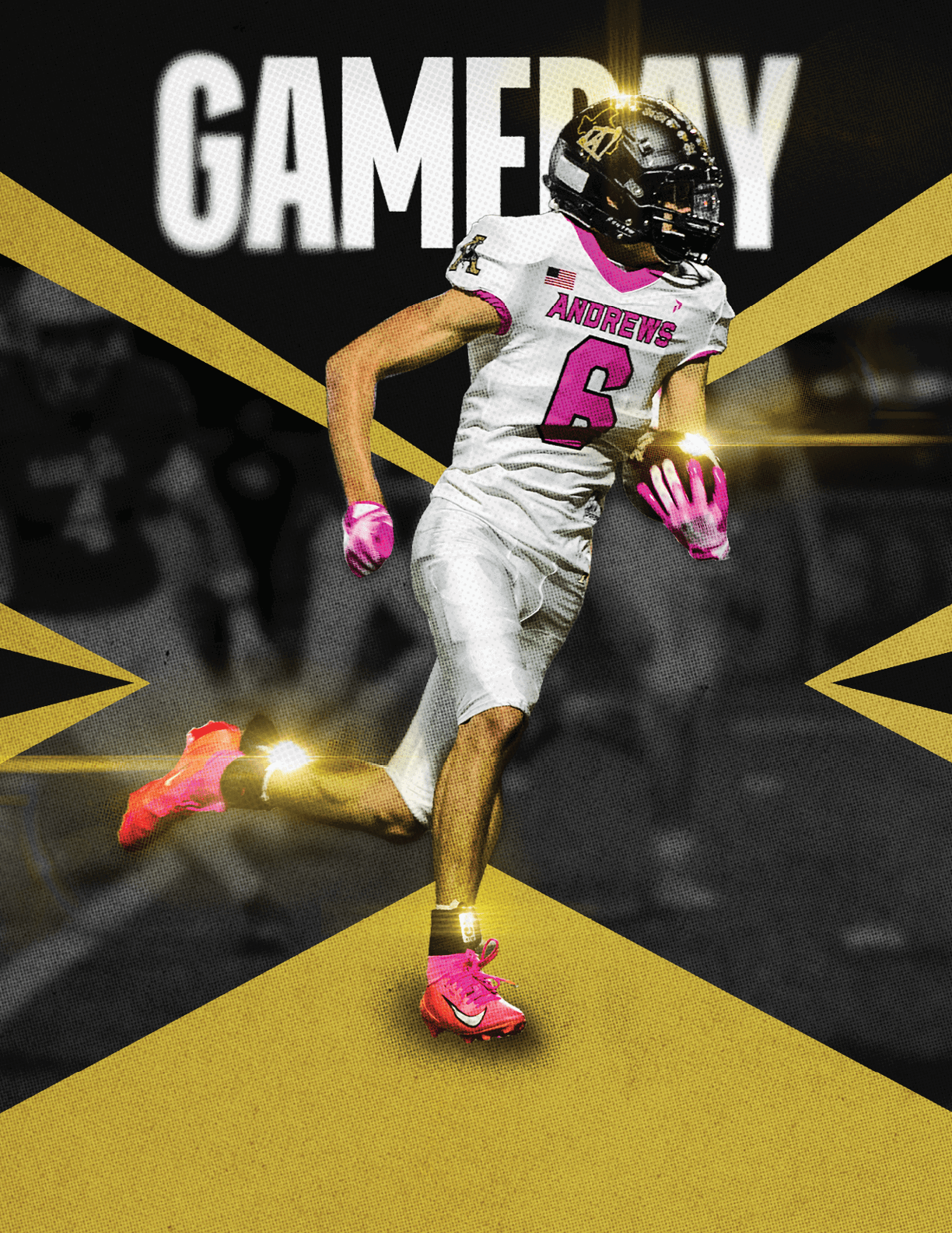 A person wearing a white football uniform with pink gloves and cleats is running with a football against a black and gold background with the word “GAMEDAY" in bold white letters. Description generated by AI