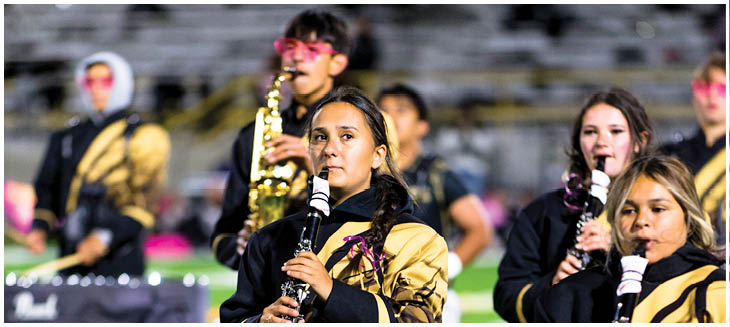 People in matching band uniforms are playing clarinets on a field, likely during a performance or rehearsal. Description generated by AI
