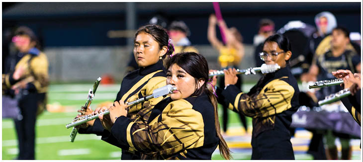 People in matching uniforms are playing musical instruments outdoors at night with a person holding a pink flag in the background. Description generated by AI