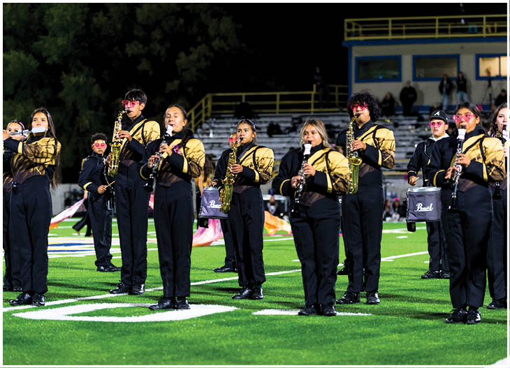 People in matching uniforms are standing on a football field playing wind instruments as part of a marching band performance. Description generated by AI
