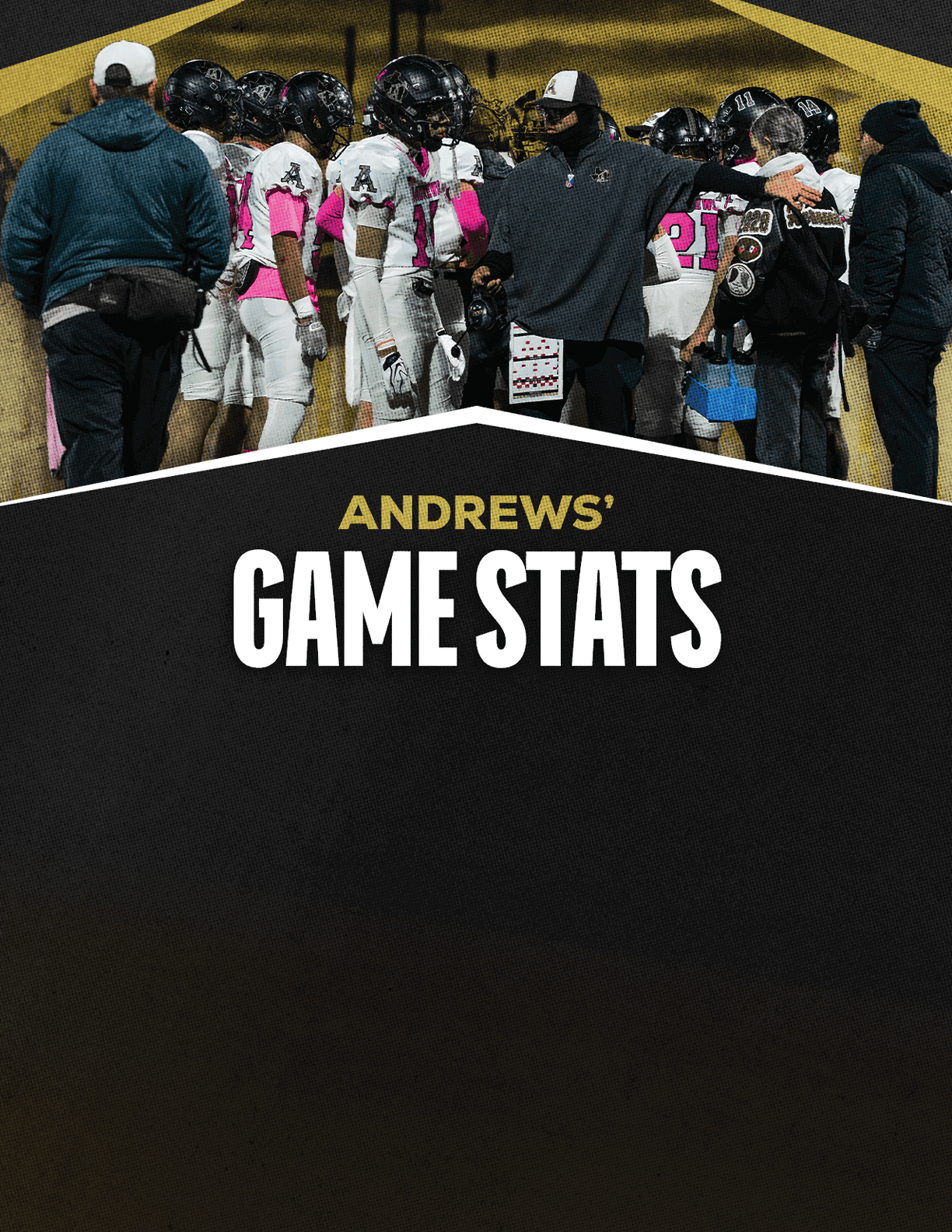 A group of people in football uniforms and coaches are gathered on a field with the text Andrews' Game Stats displayed below them. Description generated by AI