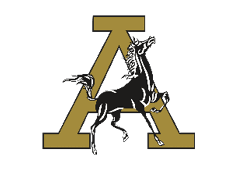 A stylized black horse rearing up is superimposed on a large gold letter A. Description generated by AI