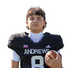 Person wearing a black football jersey with the number 8 and the word Andrews holding a football. Description generated by AI