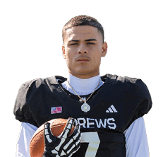A person wearing a black football jersey with the number seven and skeleton gloves is holding a football and looking directly ahead. Description generated by AI