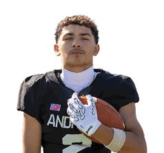 A person wearing a black football jersey and white gloves is holding a football while looking directly ahead. Description generated by AI