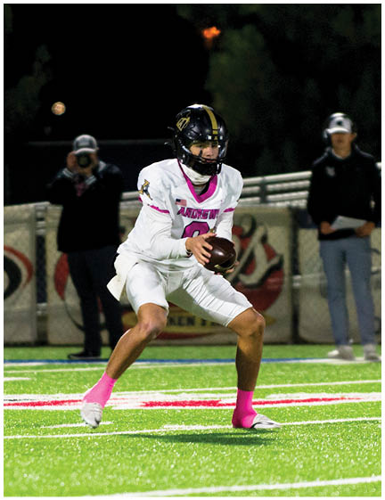 Three people in white football uniforms with pink accents are on a football field at sunset, with one person in a crouched position and two standing behind. Description generated by AI