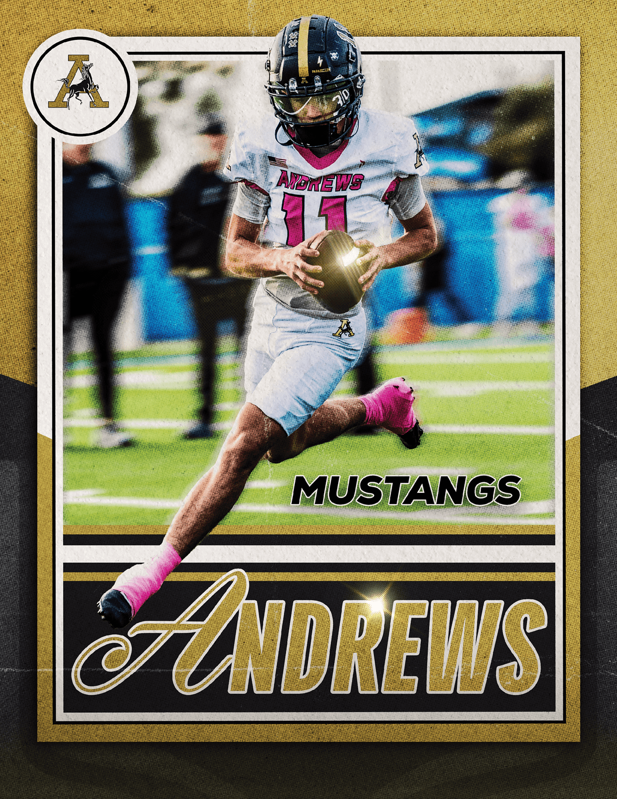 A person wearing a white football uniform with pink accents and pink cleats is running on a field holding a football, with the words Mustangs and Andrews displayed in bold stylized text. Description generated by AI