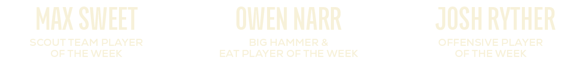 offensive player of the week,josh ryther,big hammer & eat player of the week,owen narr,scout team player of the week,...