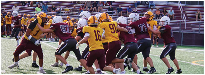 A football player wearing a blue and white uniform. Description generated by AI