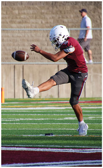 A football player catching a ball. Description generated by AI