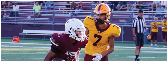 A football player wearing a blue and white uniform. Description generated by AI