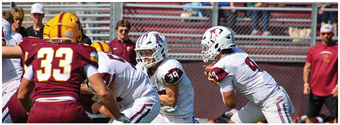 A football player wearing a blue and white uniform. Description generated by AI