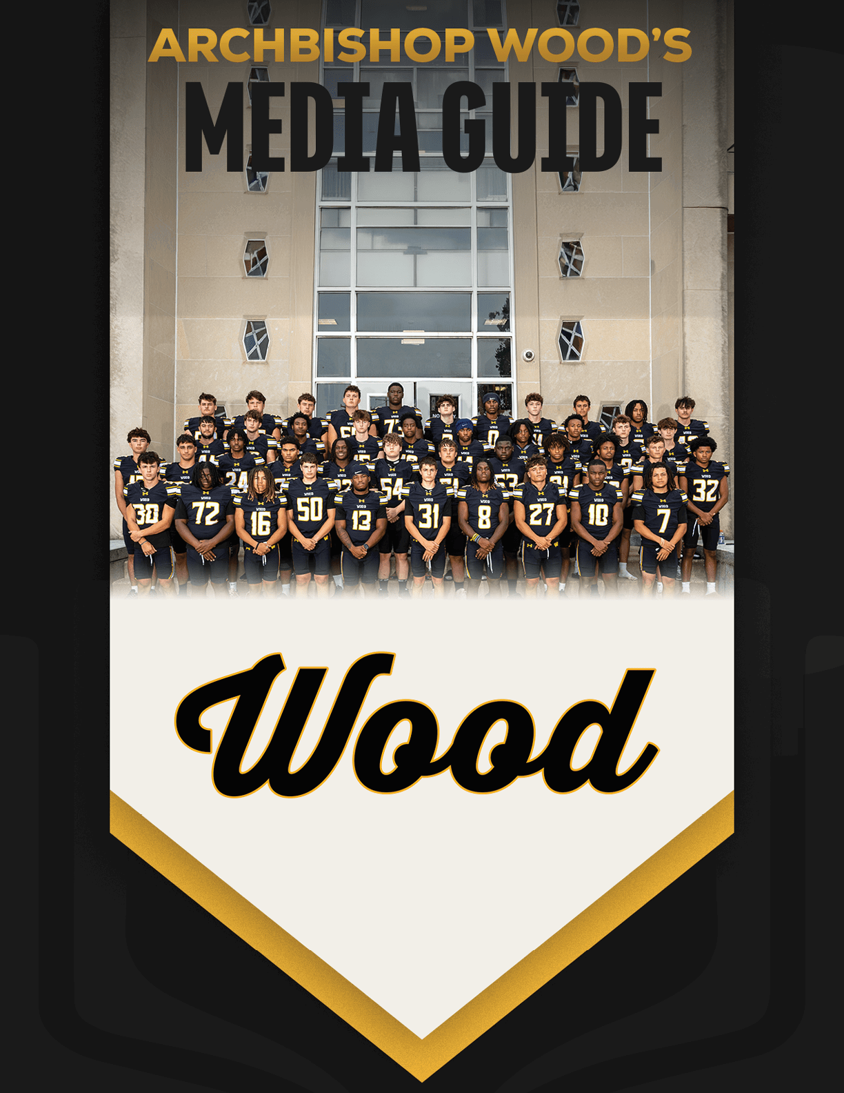 A large group of people wearing matching sports uniforms pose in front of a building under the text “Archbishop Wood's Media Guide" with the word "Wood" prominently displayed below. Description generated by AI