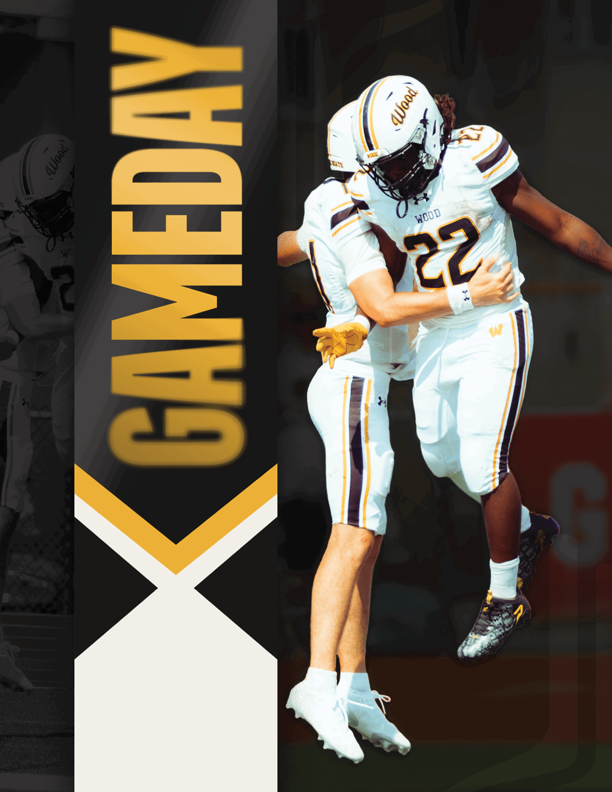 Two people in white football uniforms jump and celebrate together next to a vertical banner that says GAMEDAY in bold yellow letters. Description generated by AI