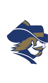 A stylized logo of a person wearing a wide-brimmed hat with a feather and a mustache, depicted in blue and gold colors. Description generated by AI