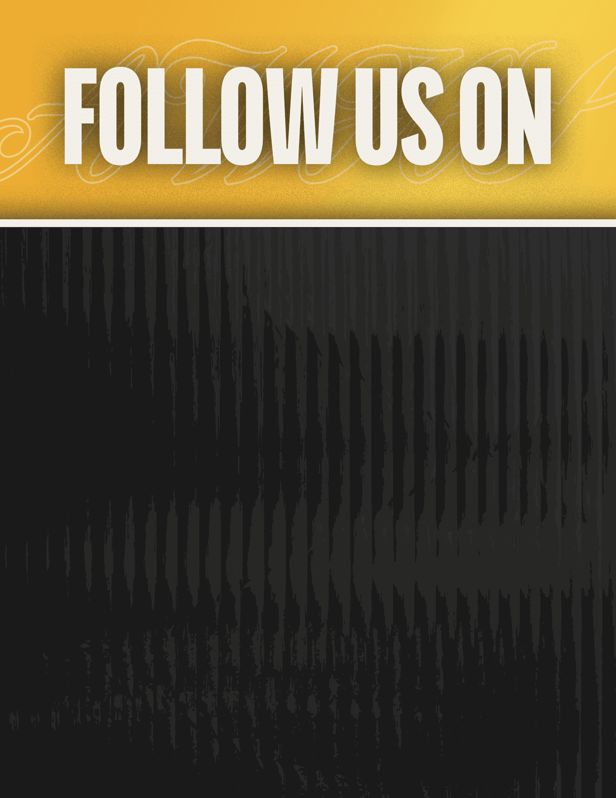 Follow us on social media is displayed in bold white text on a yellow and black background. Description generated by AI