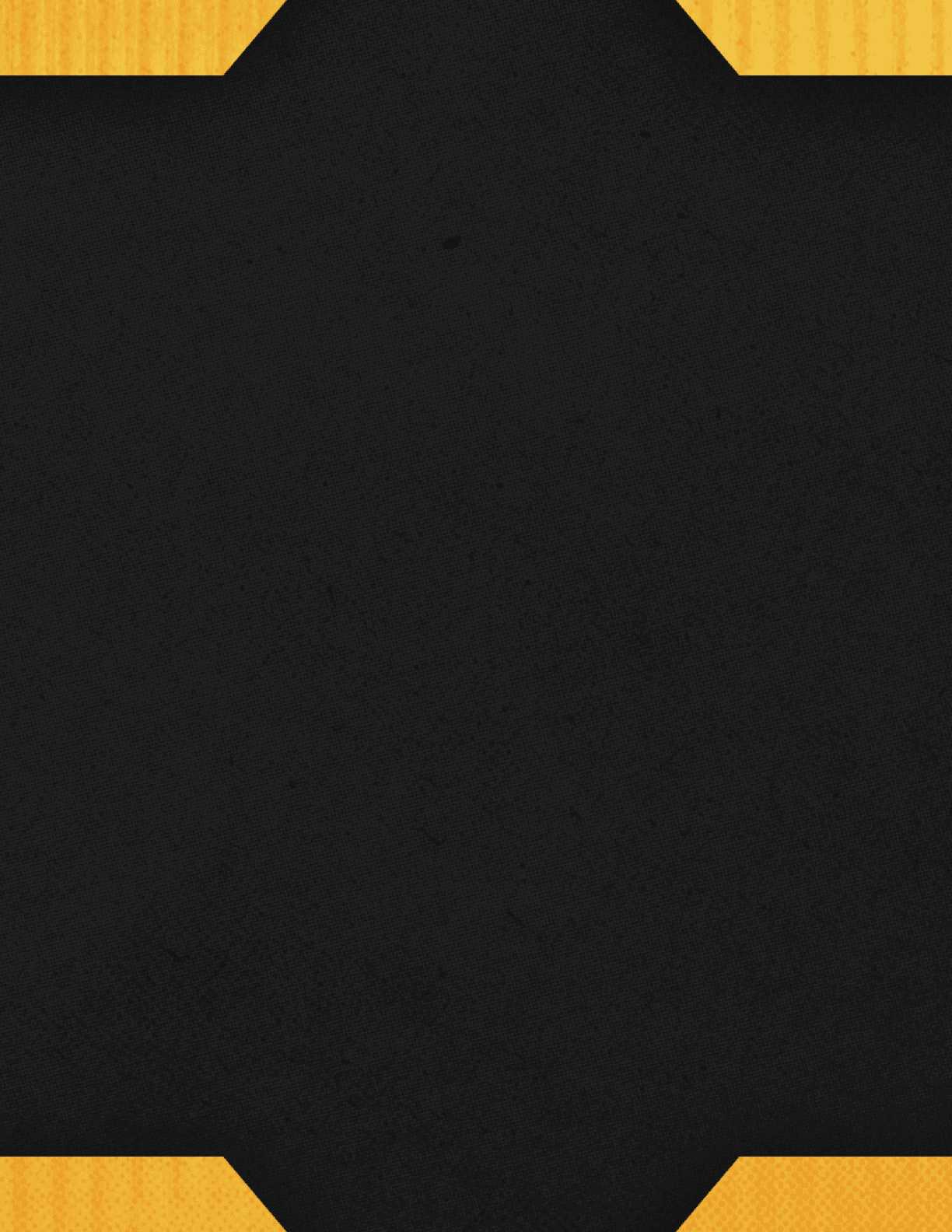 A black textured background with orange geometric shapes at the top and bottom edges. Description generated by AI