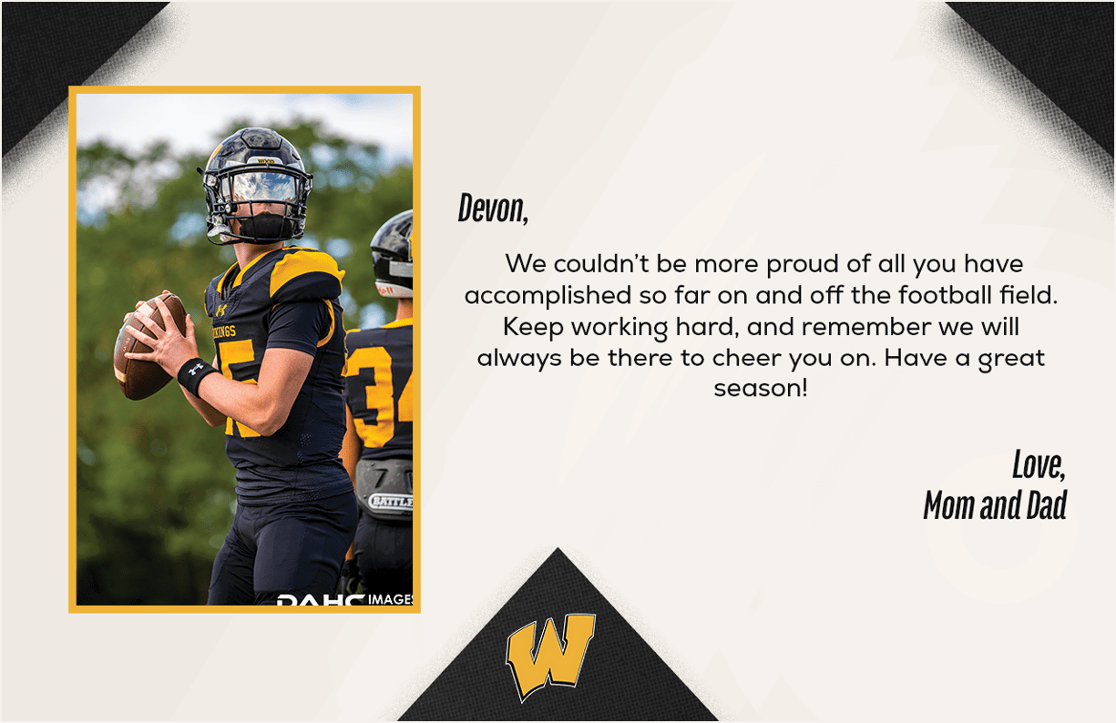 A person in a black and yellow football uniform is holding a football in a ready-to-throw position next to a message expressing pride and encouragement from parents for a great season. Description generated by AI