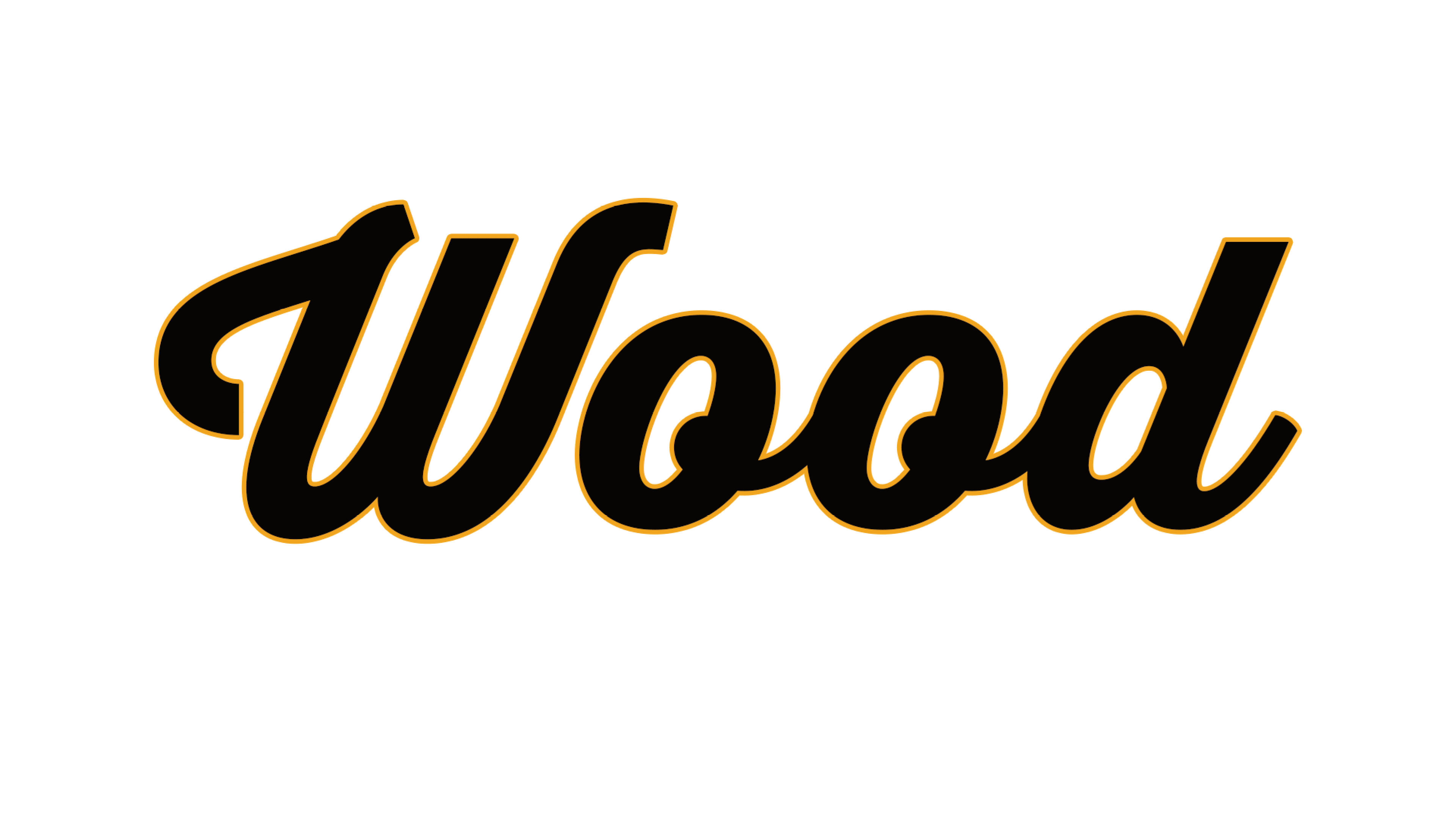 The word “Wood" is written in bold black cursive font with a thin orange outline on a white background. Description generated by AI