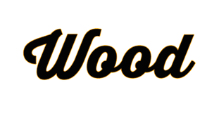 The word “Wood" is written in bold black cursive script with a thin orange outline on a white background. Description generated by AI