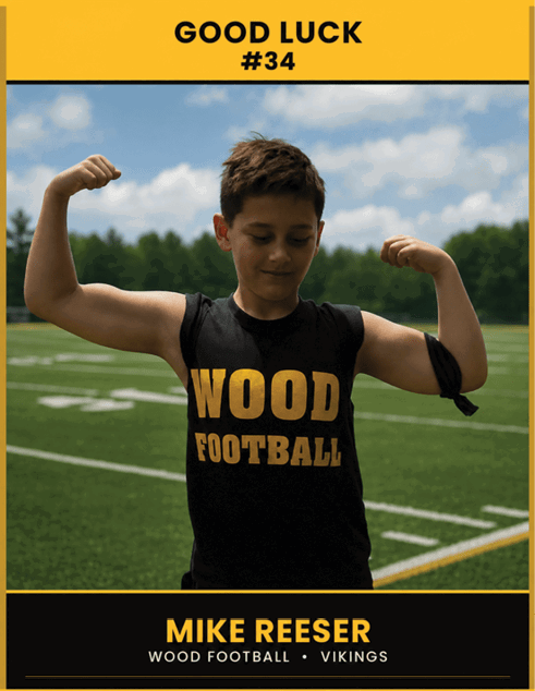 A child wearing a black sleeveless shirt with “WOOD FOOTBALL" printed on it is flexing both arms on a football field under a partly cloudy sky. Description generated by AI