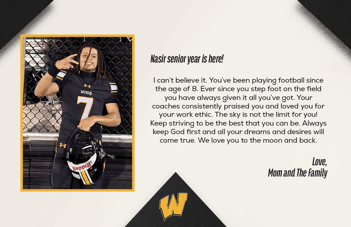 A person wearing a black football uniform with the number seven stands holding a helmet next to a message celebrating their senior year and achievements in football from Mom and the family. Description generated by AI