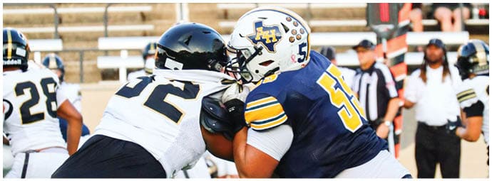 A football player wearing a blue and white uniform. Description generated by AI