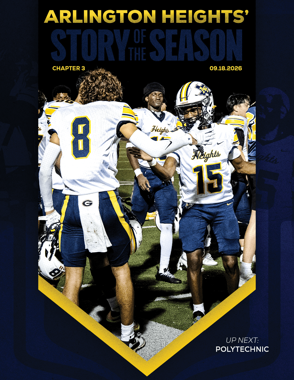 A group of football players huddled together. Description generated by AI