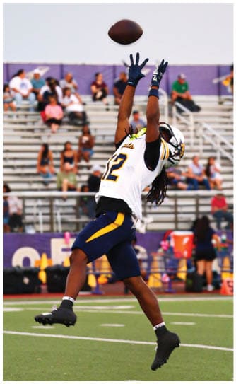 A football player catching a ball. Description generated by AI