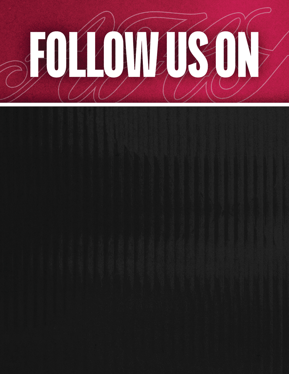 A black and red sign that says Follow Us On. Description generated by AI