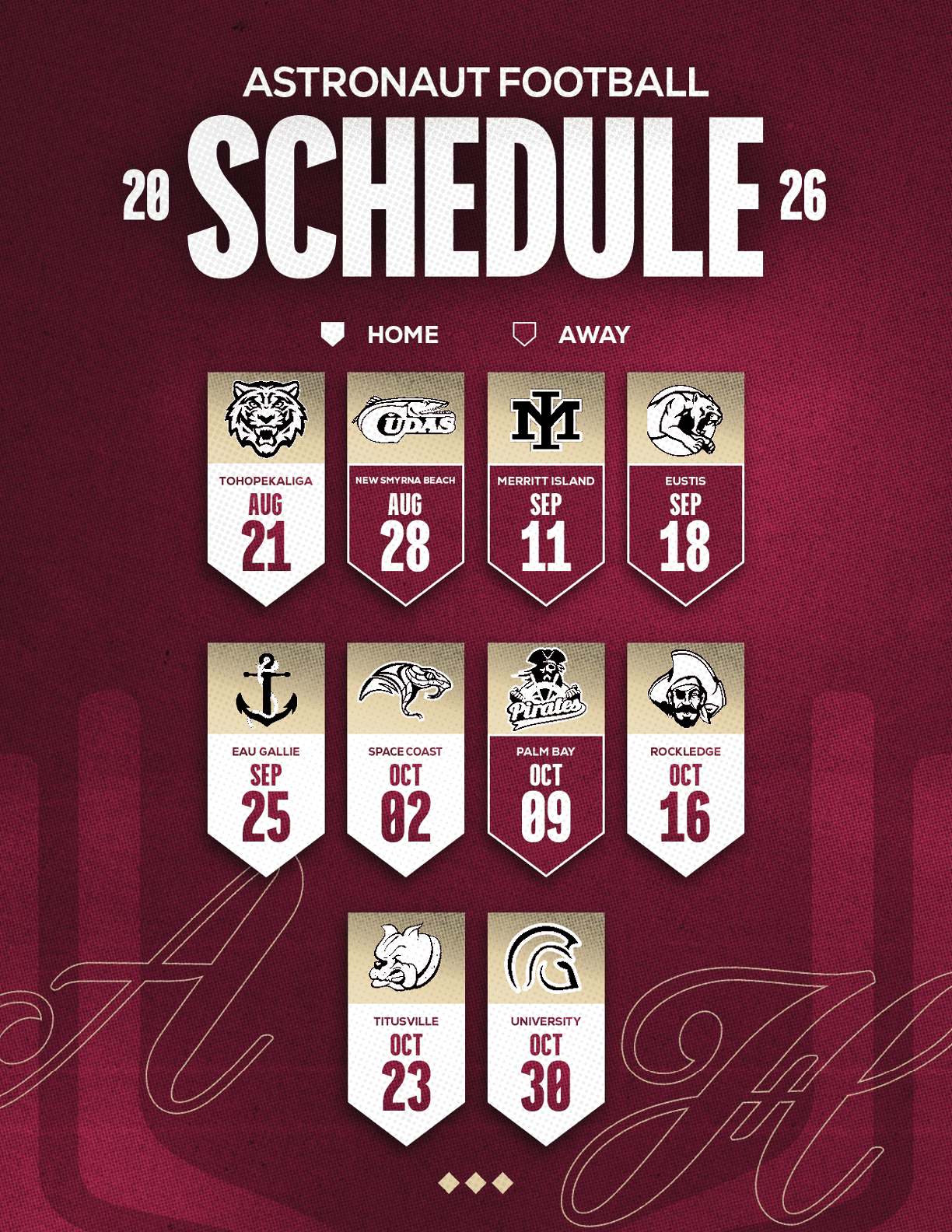 The 2026 Astronaut Football schedule is displayed with team logos and dates for home and away games on a maroon background. Description generated by AI