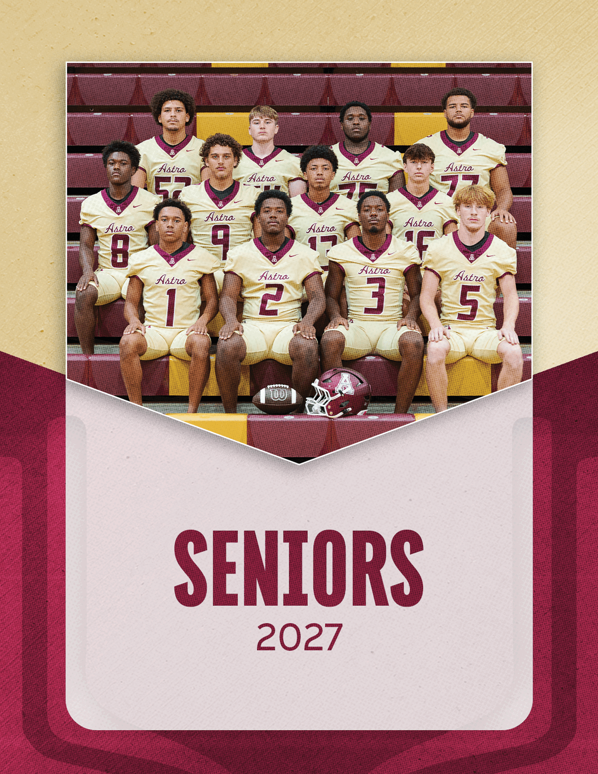 A group of adults wearing matching football uniforms pose seated and standing on bleachers above a banner that reads seniors 2027. Description generated by AI